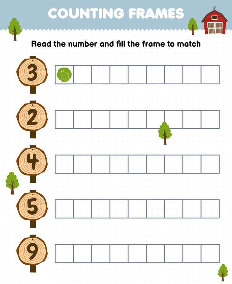 jogo educacional para crianças leia o número e preencha os quadros de planilha de fazenda imprimível de sinal de madeira de desenho animado fofo vetor