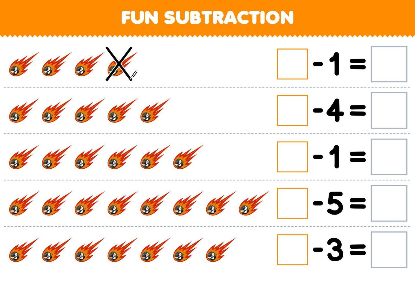 jogo de educação para crianças diversão subtração contando cometa bonito dos desenhos animados em cada linha e eliminando-o planilha do sistema solar imprimível vetor