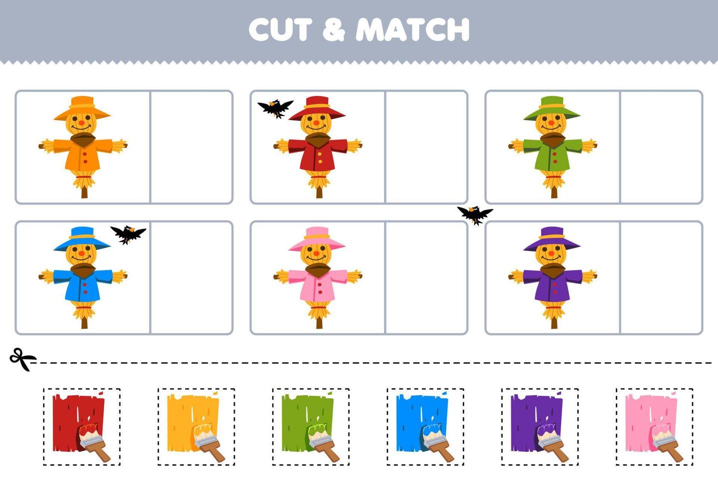 jogo de educação para crianças cortar e combinar a mesma cor da planilha de fazenda imprimível de espantalho bonito dos desenhos animados vetor