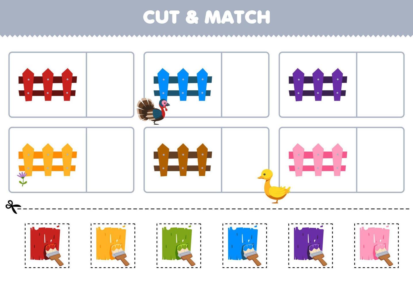 jogo de educação para crianças cortar e combinar a mesma cor da planilha de fazenda para impressão de cerca de desenho animado bonito vetor