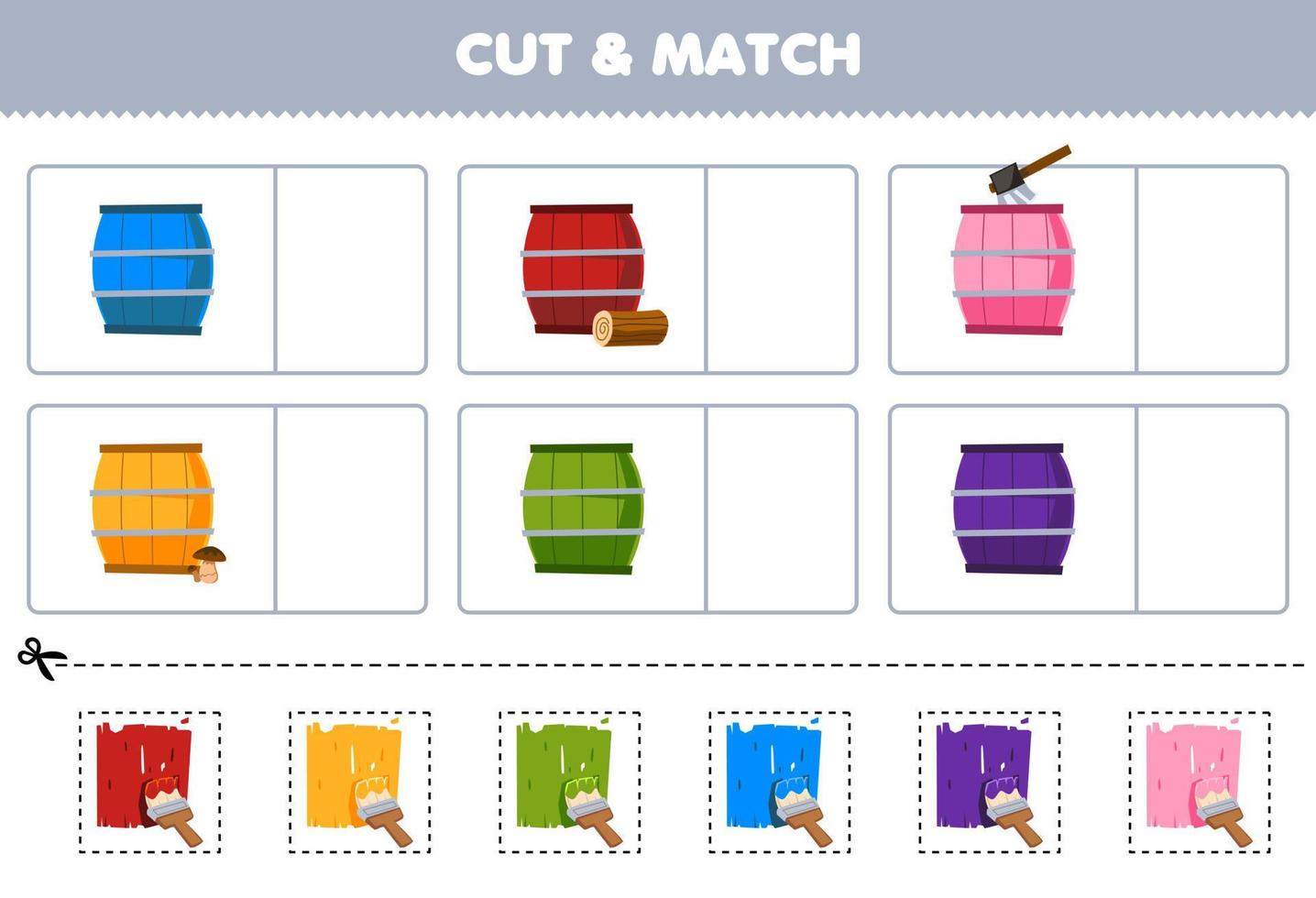 jogo de educação para crianças cortar e combinar a mesma cor da planilha de fazenda para impressão de barril de desenho animado fofo vetor