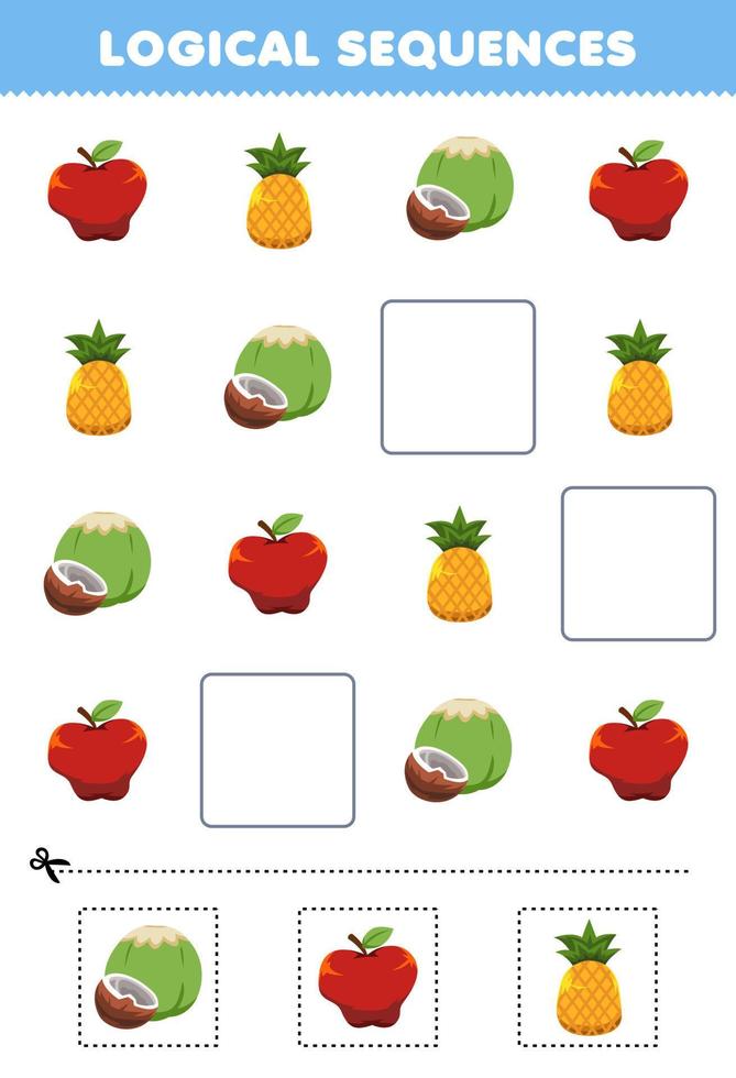 jogo de educação para crianças sequências lógicas para crianças com planilha de frutas para impressão de coco de abacaxi de maçã bonito dos desenhos animados vetor