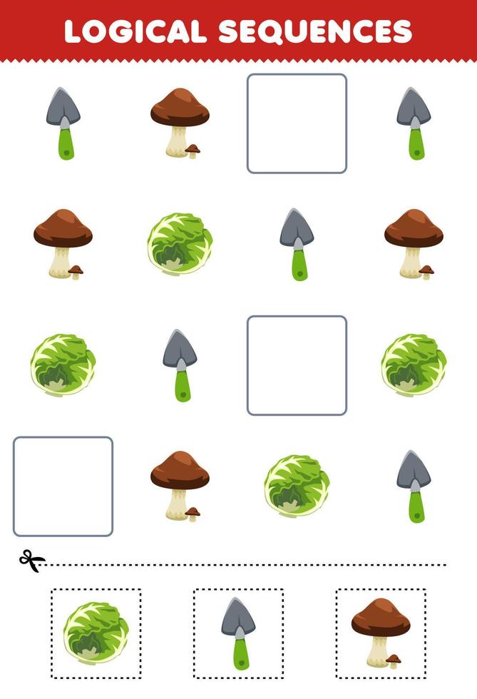 jogo de educação para crianças sequências lógicas para crianças com folha de cálculo vegetal imprimível de couve de cogumelo de pá de desenho bonito vetor