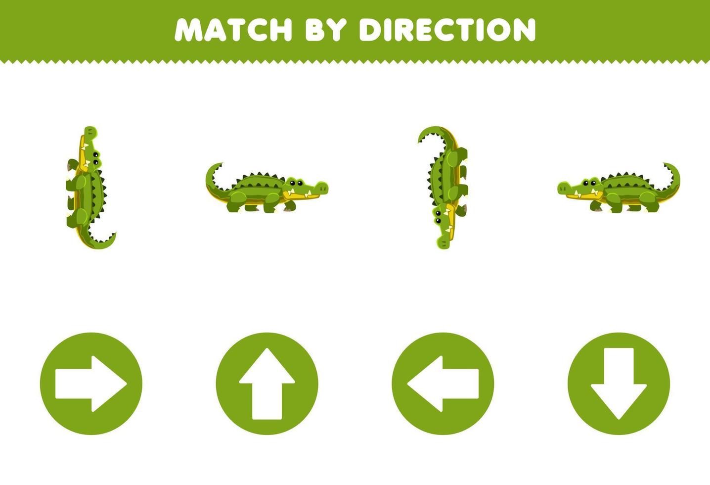 jogo de educação para crianças corresponder pela direção esquerda direita para cima ou para baixo orientação da planilha de animais imprimíveis de crocodilo de desenho animado fofo vetor