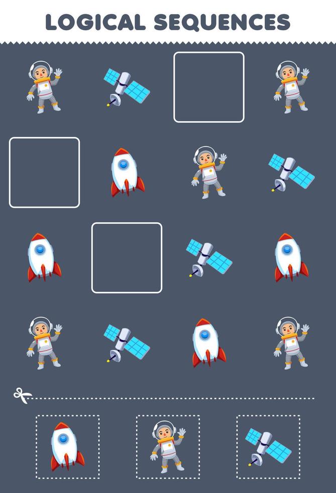 jogo de educação para crianças sequências lógicas para crianças com planilha de profissão para impressão de foguete de satélite de astronauta bonito dos desenhos animados vetor