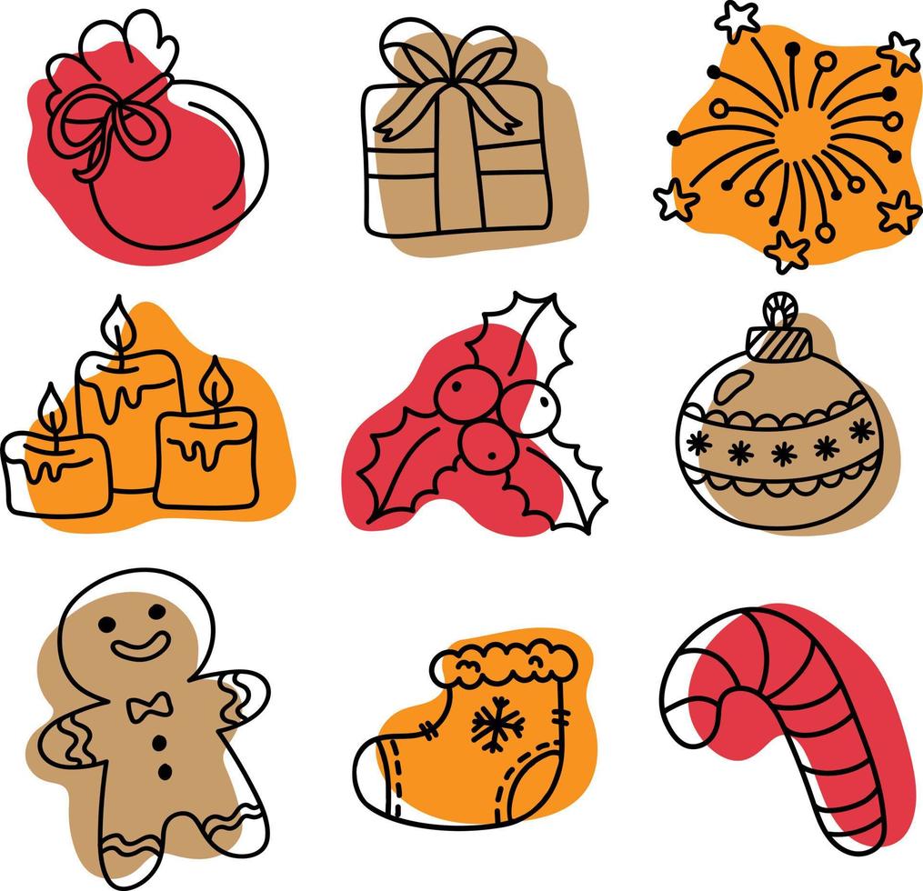 rabiscos de contorno dos desenhos animados de natal, clip-art preto e branco, isolados no fundo branco vetor