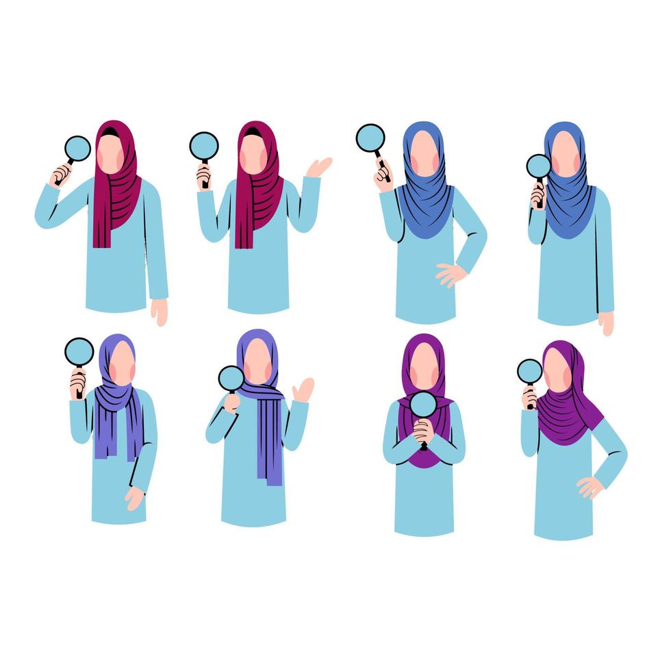 mulher hijab segurando lupa vetor