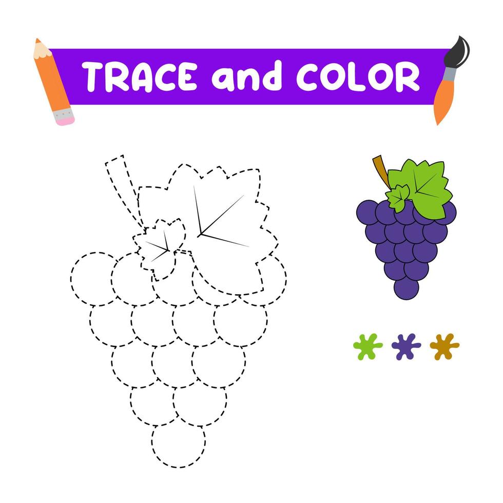 livro de colorir para crianças com uvas. um livro de exercícios para o jardim de infância. trace e pinte vetor