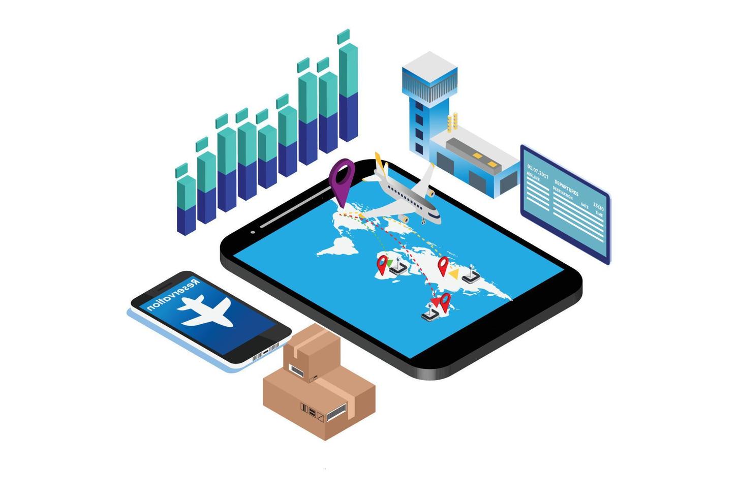 rastreamento de remessa em todo o mundo pesquisa plana 3d isométrica de ordem on-line conceito de negócio de transporte web ilustração vetorial. mapa do mundo e rota de caixa. coleção de pessoas criativas. vetor