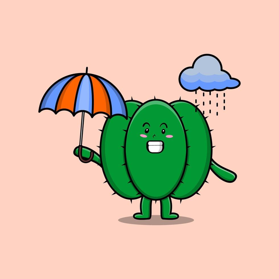 cacto bonito dos desenhos animados na chuva e usando um guarda-chuva vetor