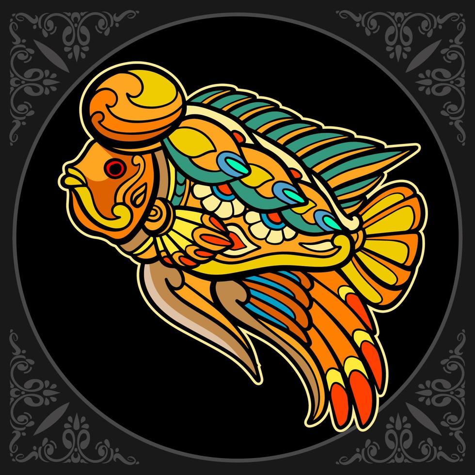 artes coloridas da mandala dos peixes do chifre da flor isoladas no fundo preto vetor