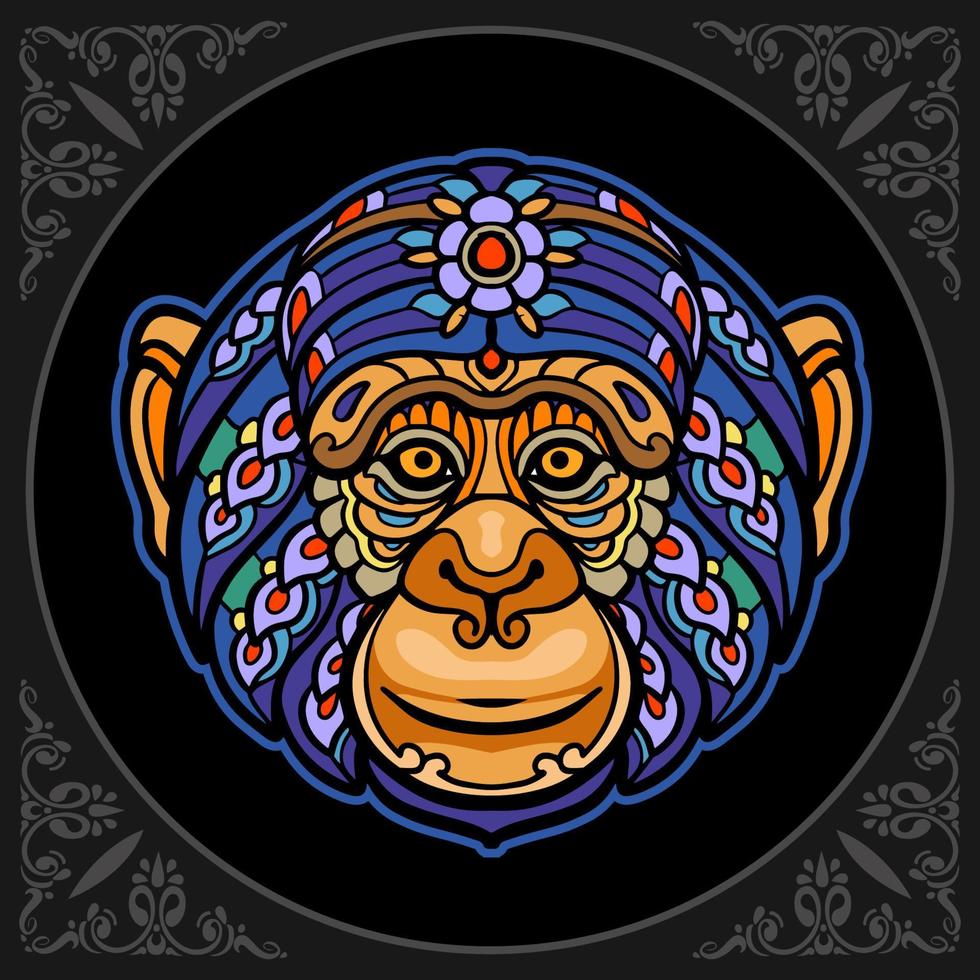 artes coloridas da mandala da cabeça do macaco isoladas no fundo preto vetor