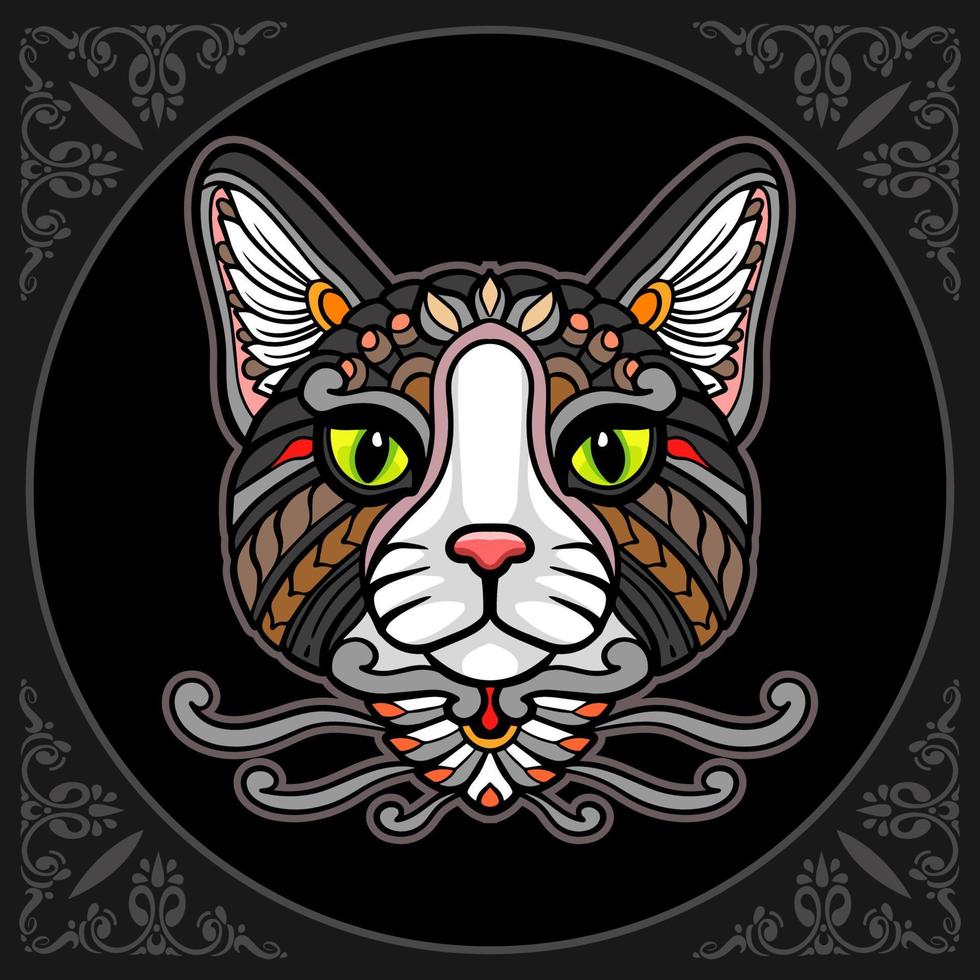artes coloridas da mandala da cabeça do gato isoladas no fundo preto vetor