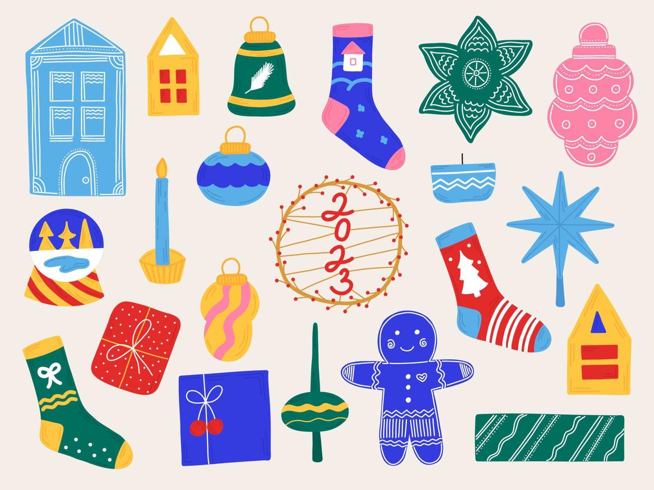 ano novo definir elementos de natal em estilo desenhado à mão. ícones isolados, adesivos para o design de folhetos, convites. vetor
