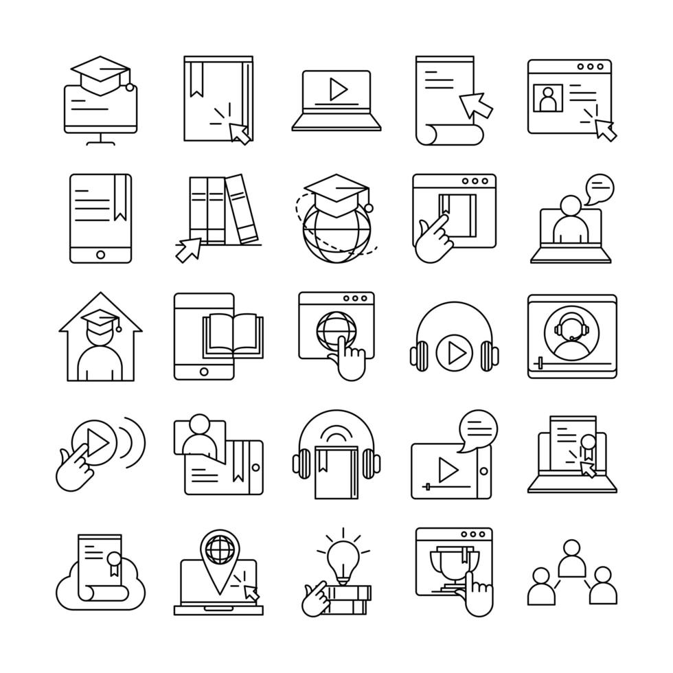 educação on-line e cursos móveis descrevem conjunto de ícones de pictograma vetor