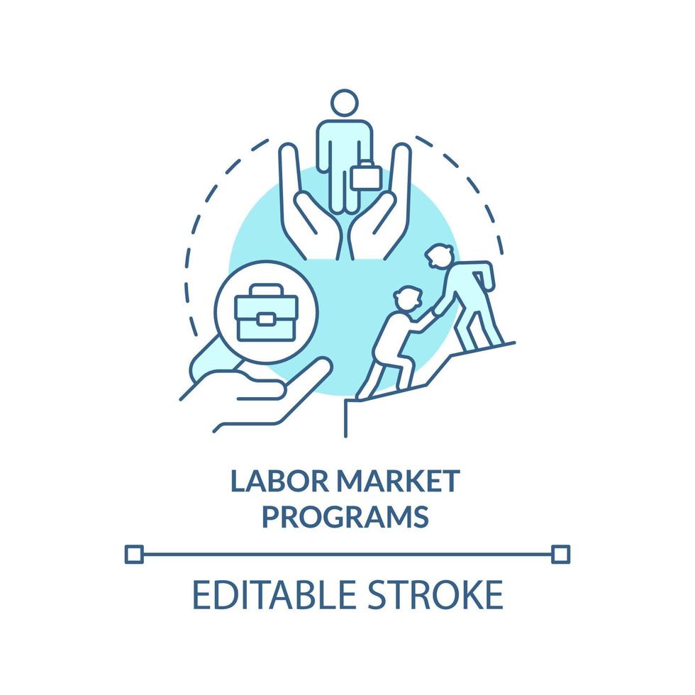 ícone do conceito turquesa dos programas do mercado de trabalho. fornecendo locais de trabalho. ilustração de linha fina de idéia abstrata de proteção social. desenho de contorno isolado. traço editável. vetor