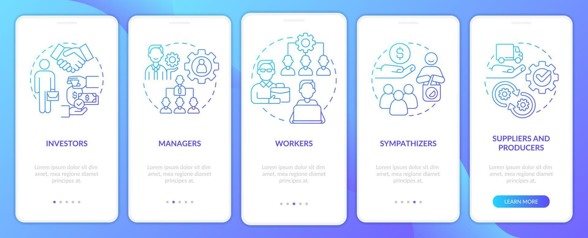 categorias de membros tela de aplicativo móvel de integração de gradiente azul. passo a passo de negócios 5 passos páginas de instruções gráficas com conceitos lineares. ui, ux, modelo de gui. vetor