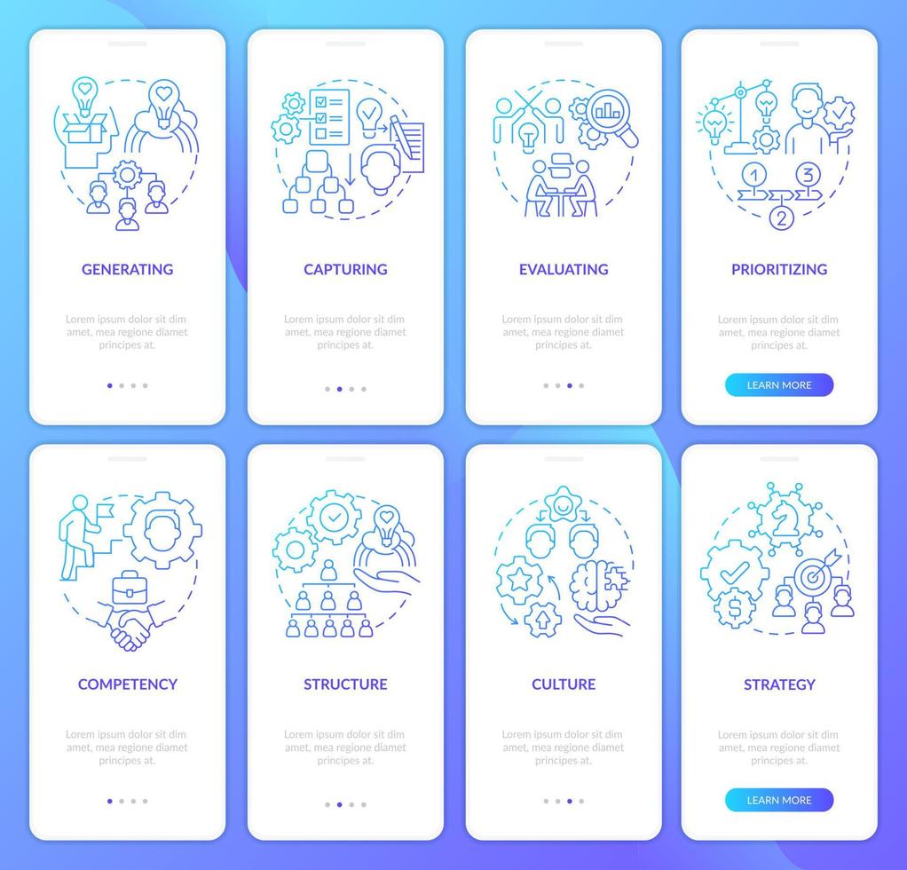 gerenciamento de ideias inovadoras conjunto de tela de aplicativo móvel de integração de gradiente azul. passo a passo 4 passos páginas de instruções gráficas com conceitos lineares. ui, ux, modelo de gui. vetor