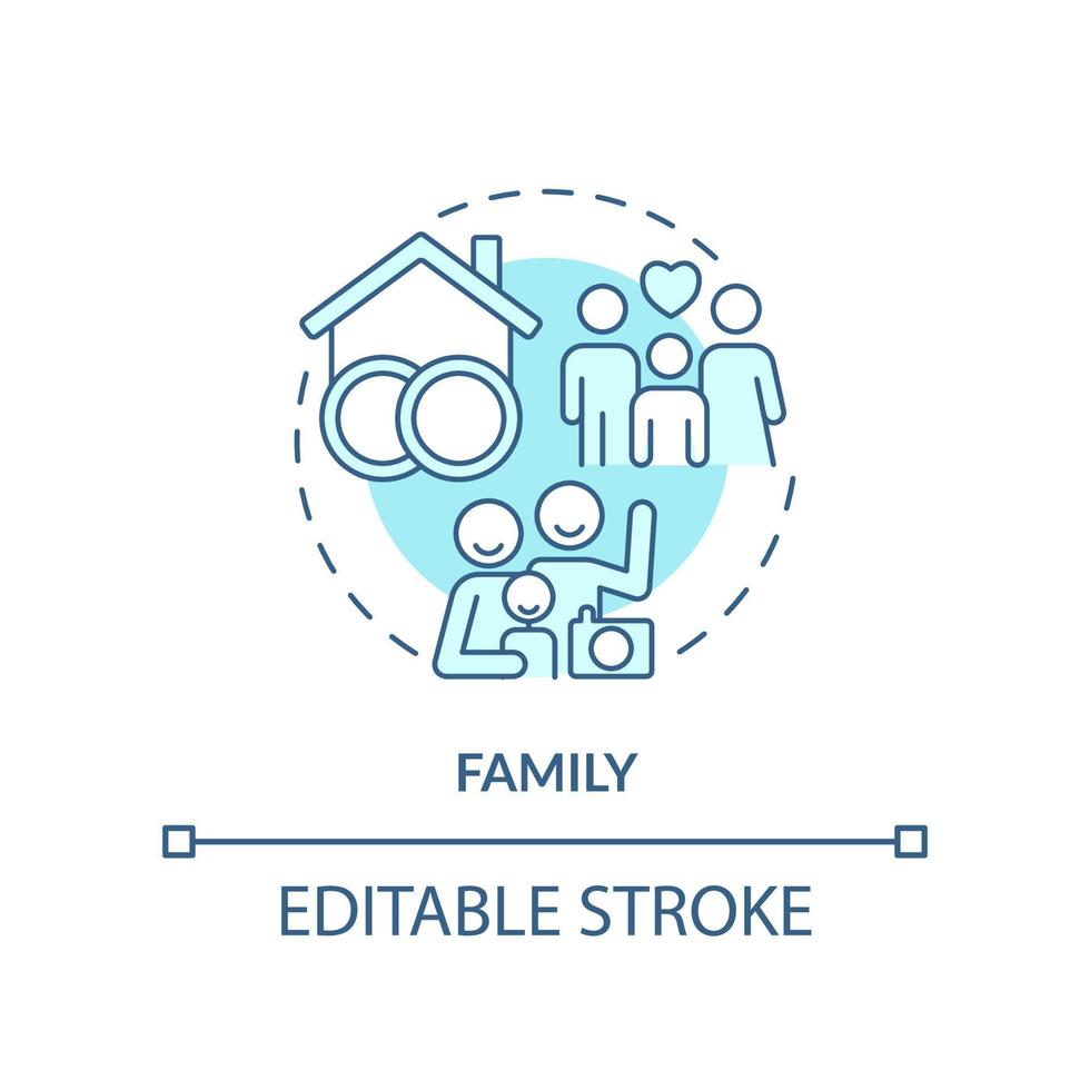 ícone do conceito de família turquesa. grupo de pessoas. pais e filho. ilustração de linha fina de ideia abstrata de instituição social. desenho de contorno isolado. traço editável. vetor