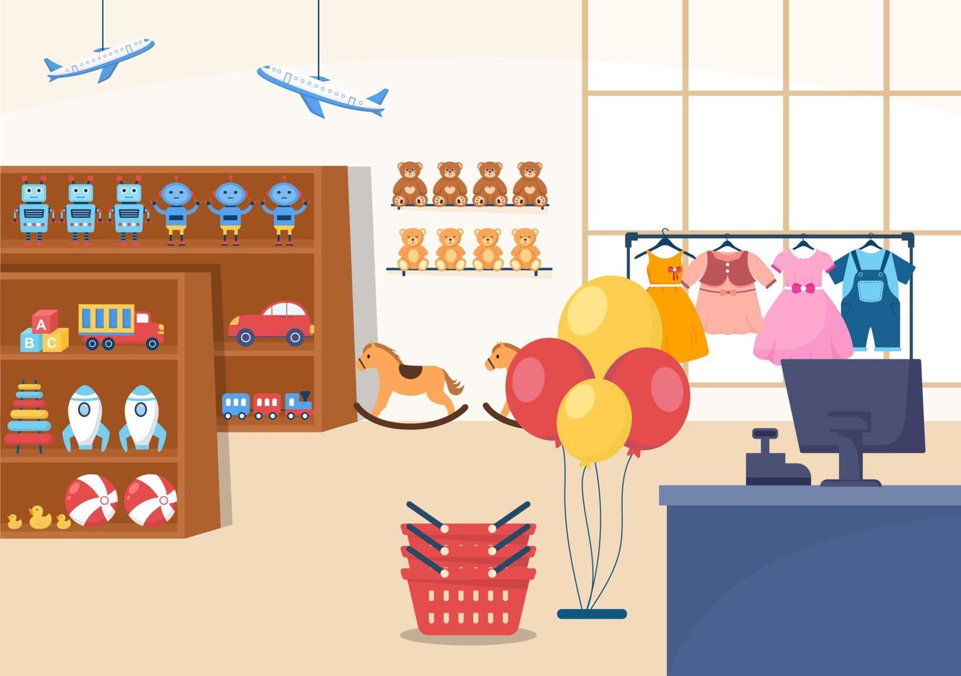 modelo de construção de loja infantil ilustração de estilo plano de desenho animado desenhado à mão com equipamentos infantis, como roupas ou brinquedos para o conceito de compras vetor