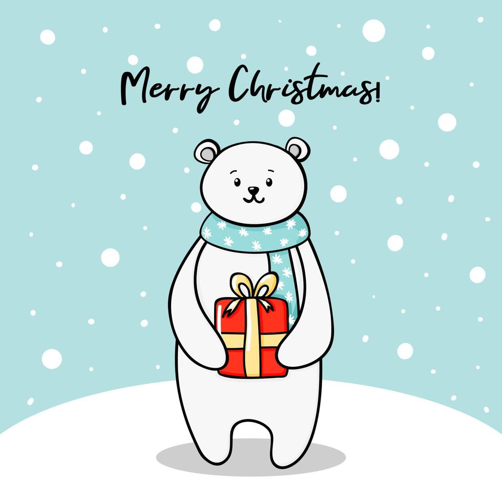 urso polar com um presente de natal. cartão infantil de ano novo com um urso branco fofo e neve em doodle vetor