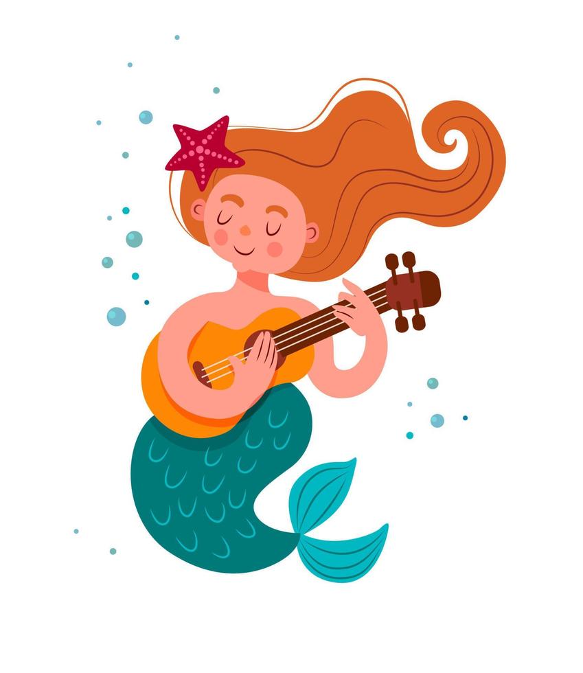 sereia bonita com cabelo vermelho toca guitarra vetor