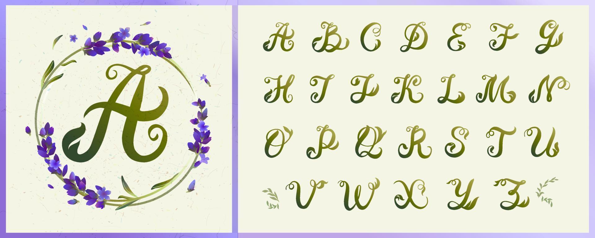 letras maiúsculas do alfabeto de folhas verdes, coroa de flores de lavanda. vetor