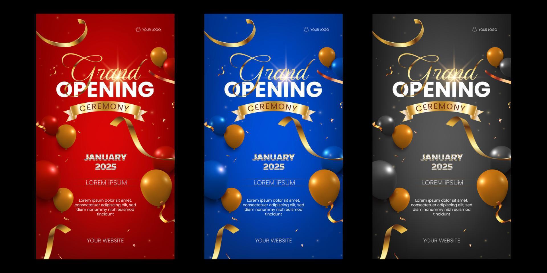 coleção de histórias de mídia social de banner de luxo de inauguração com fita dourada e balões brilhantes vetor