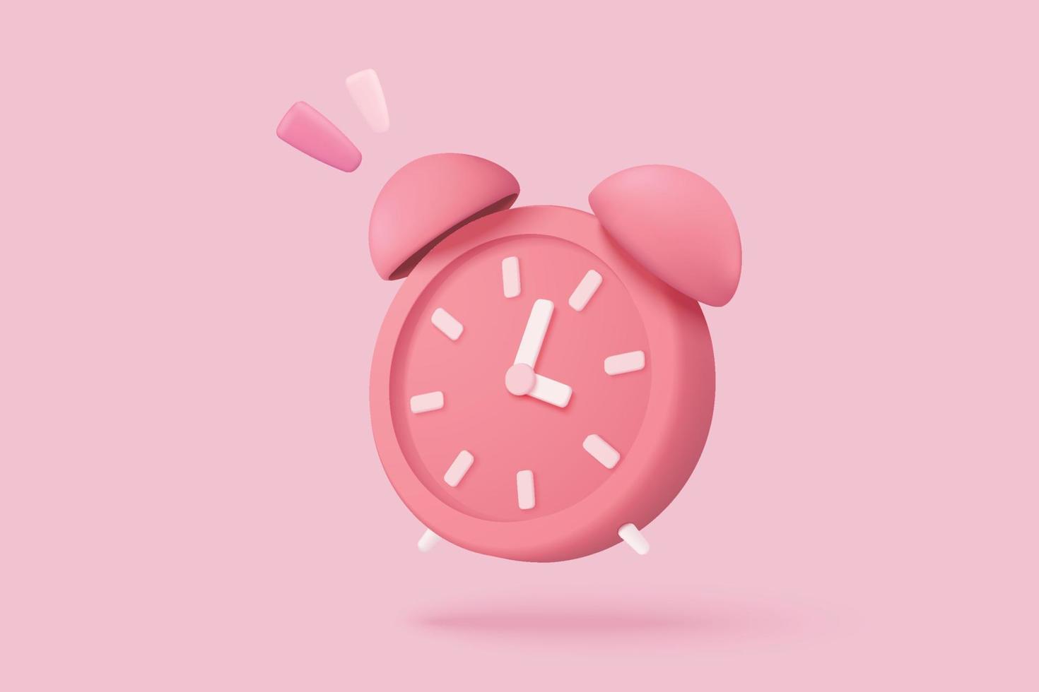 despertador 3D em fundo rosa pastel. relógio rosa conceito de design minimalista de tempo. renderização de vetor de relógio 3D em fundo rosa isolado