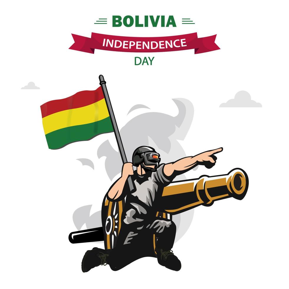 dia da independência boliviana. soldado de design patriótico plano carregando a bandeira da bolívia. vetor