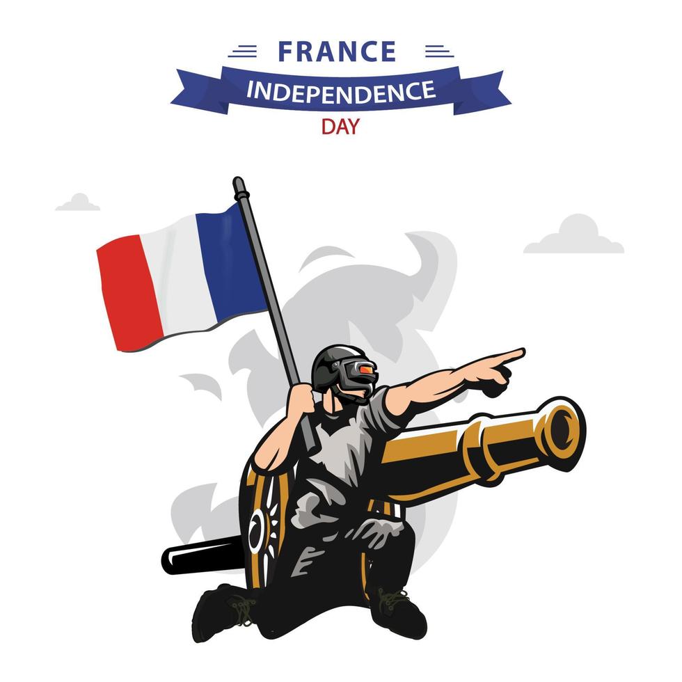 vetor de feliz dia da independência da frança. design plano soldado patriótico carregando bandeira da frança.