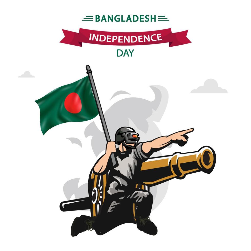 vetor de dia da independência de bangladesh. design plano patriótico soldado carregando bandeira de bangladesh.