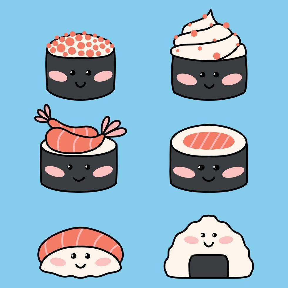 sushi definido no estilo kawaii. sushi japonês fofo com um sorriso. ilustração vetorial. estilo de desenho animado. logotipo do restaurante de sushi. personagem de sushi engraçado de coleção. vetor