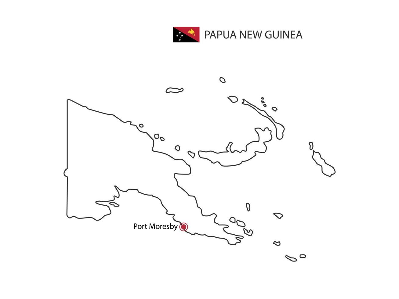 mão desenhar vetor de linha preta fina do mapa de papua nova guiné com capital porto moresby em fundo branco.