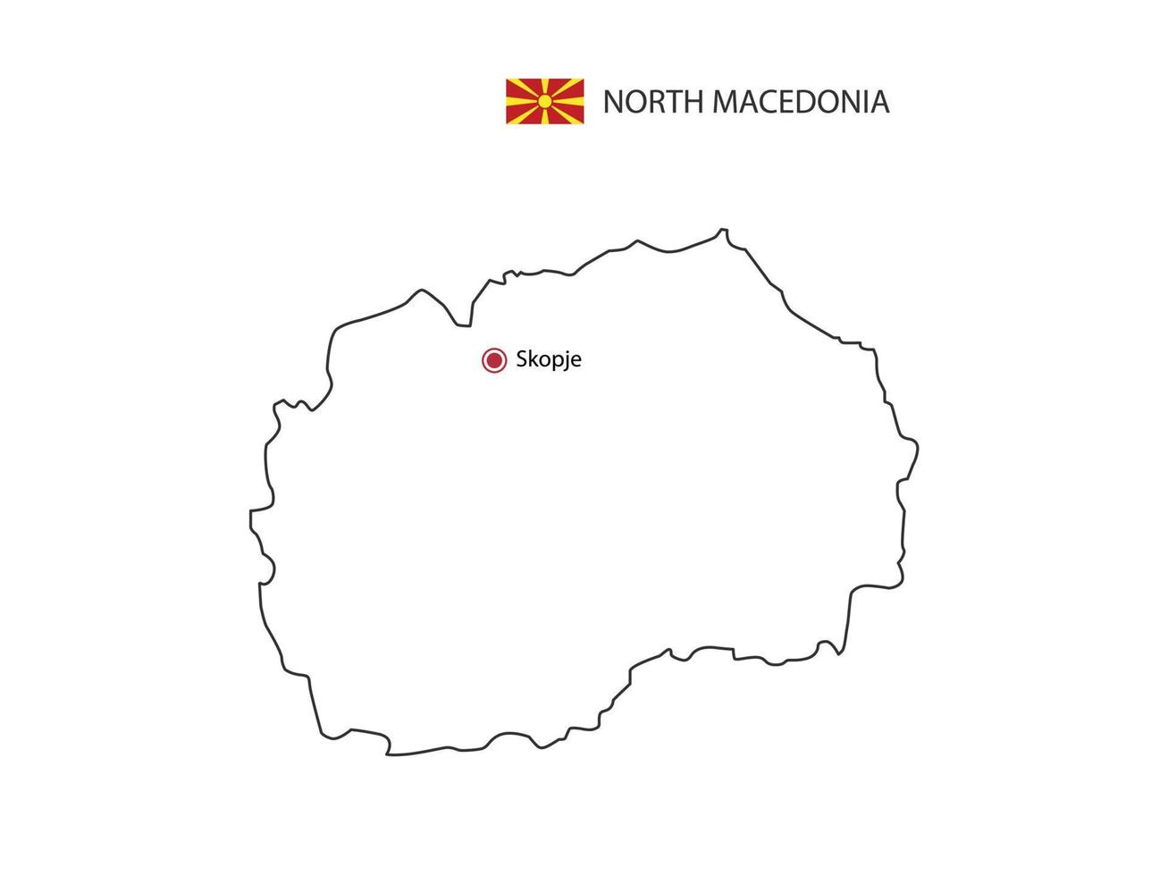 mão desenhar vetor de linha preta fina do mapa da Macedônia do Norte com capital skopje em fundo branco.
