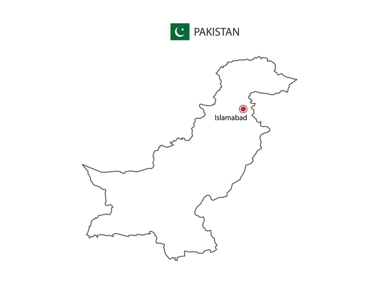 mão desenhar vetor de linha preta fina do mapa do Paquistão com a capital islamabad em fundo branco.