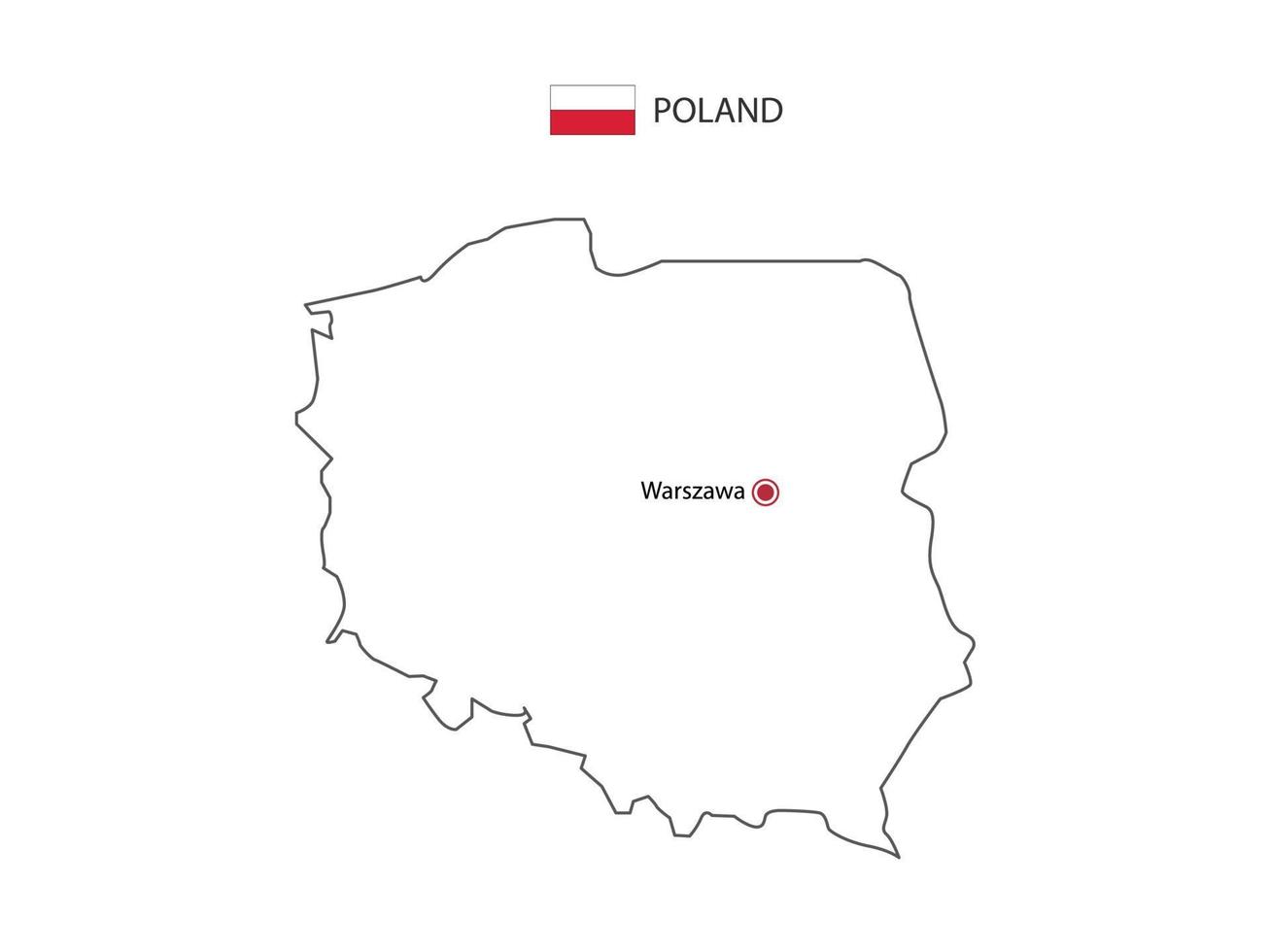mão desenhar vetor de linha preta fina do mapa da polônia com capital warszawa em fundo branco.