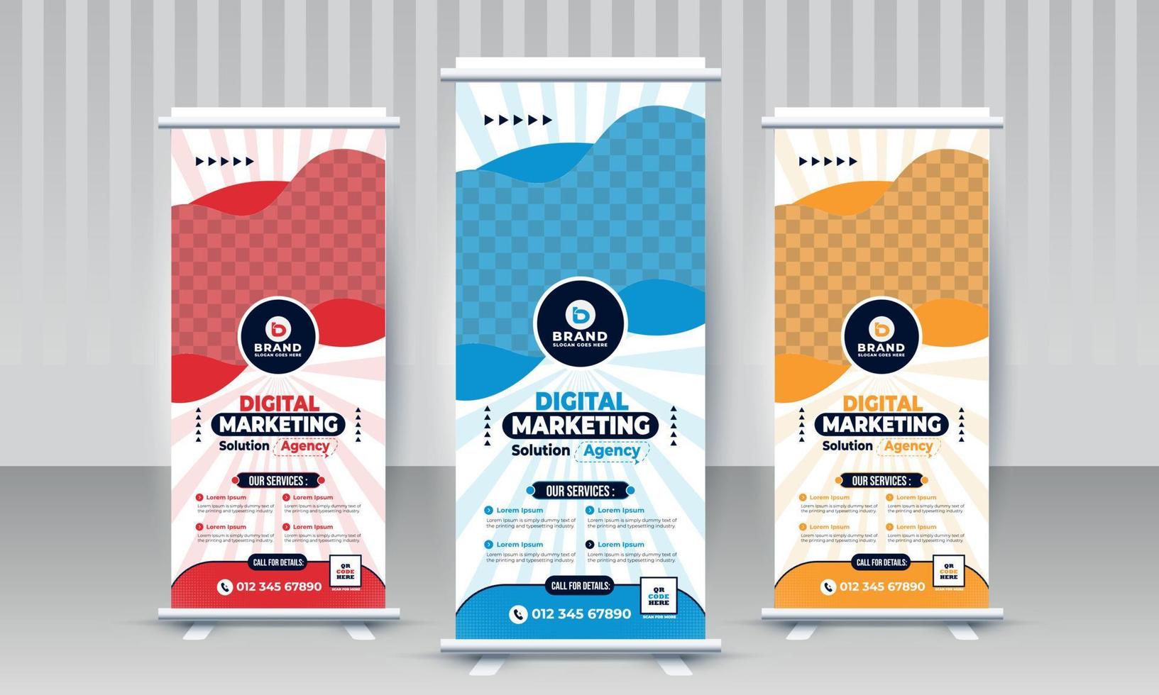 criativo moderno negócio corporativo standee x rollup pullup sinalização retrátil design de banner três cores variante vermelho azul laranja modelo vetorial vetor