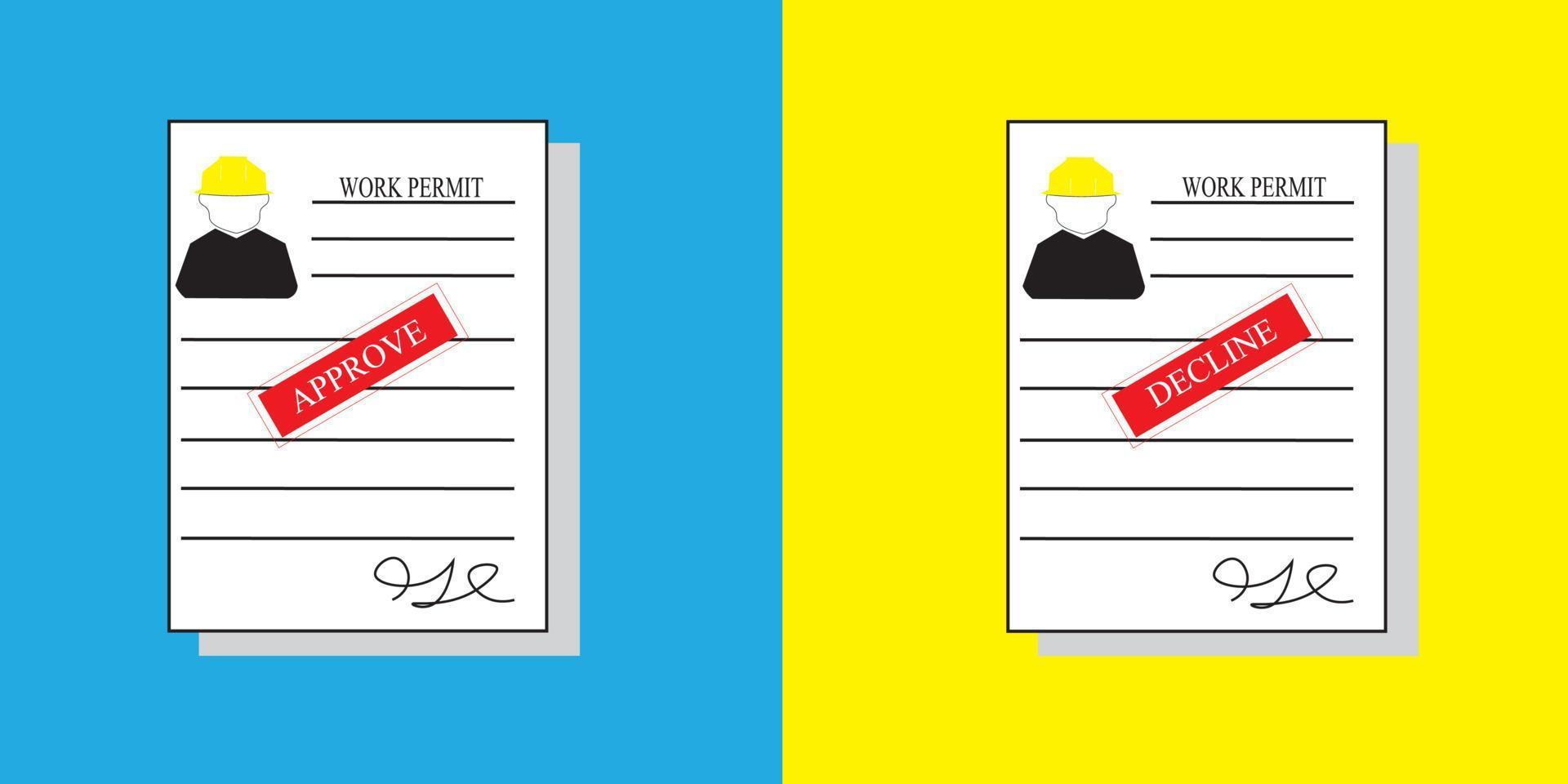 ícone de permissão de trabalho com documento assinado e ícone de trabalhador com sombra cinza e fundo azul e amarelo vetor