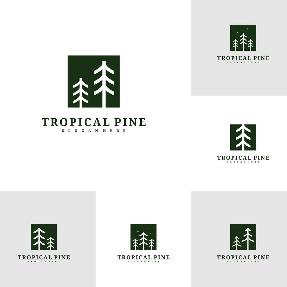 conjunto de modelo de vetor de design de logotipo de pinheiro, ilustração de conceitos de logotipo de floresta tropical.