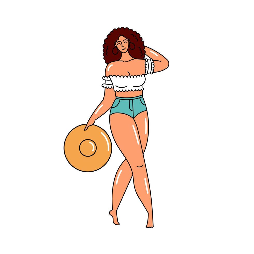 garota de shorts, férias de verão na praia. mulher no mar. positividade corporal e amor próprio. pessoas bonitas. ilustração de estilo doodle vetor