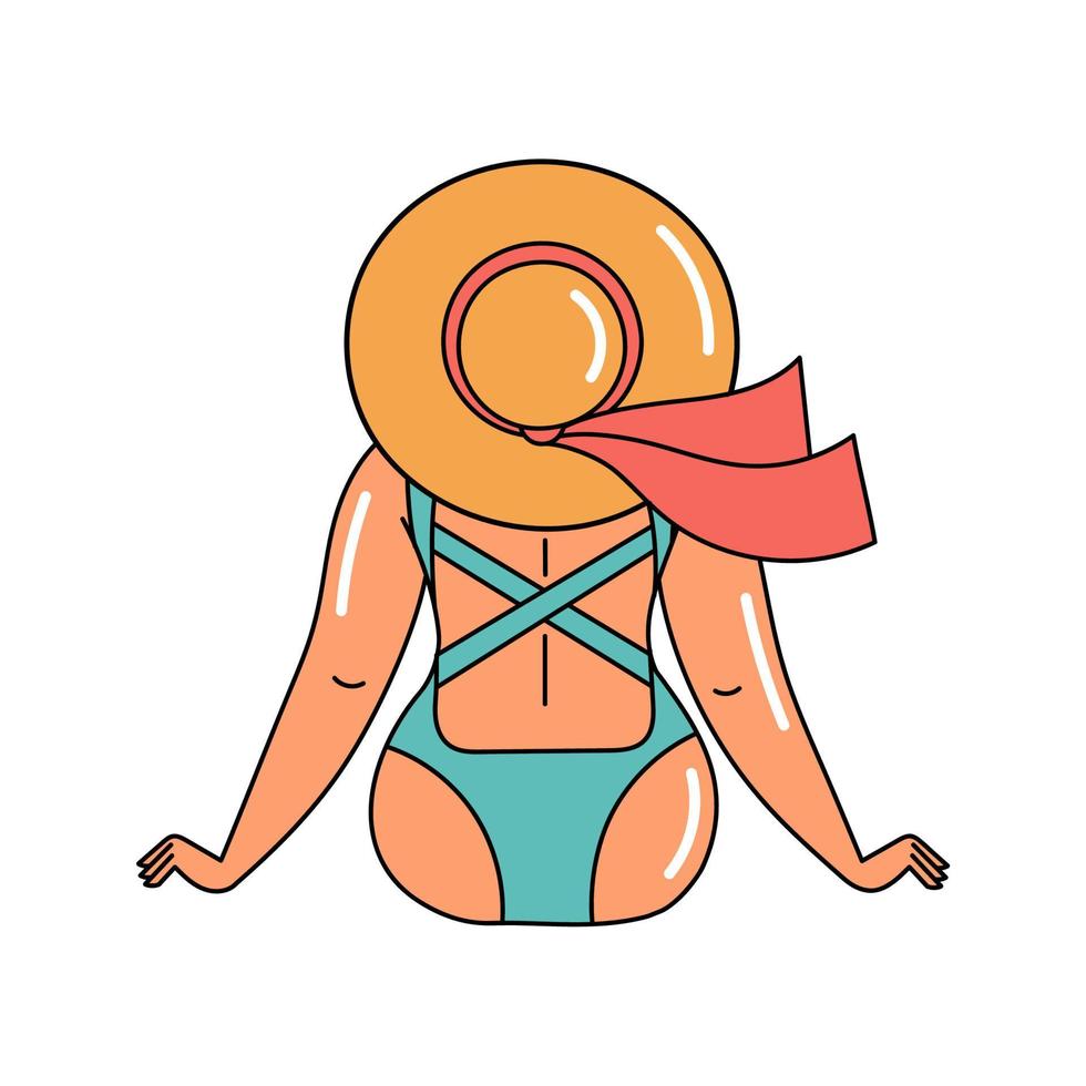 garota de maiô e um chapéu fica de costas, férias de verão na praia. mulher no mar. positividade corporal e amor próprio. pessoas bonitas. ilustração de estilo doodle vetor