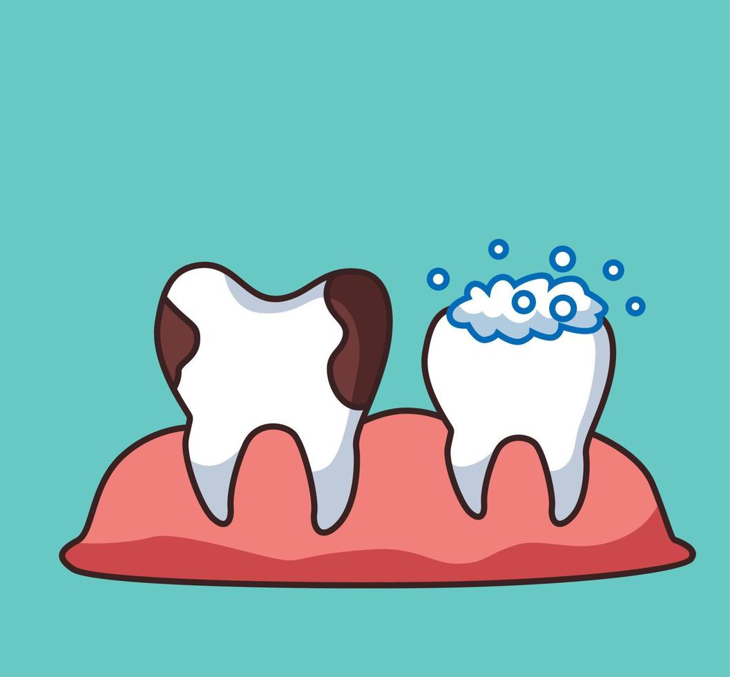 personagem de dentes sujos e ilustração de desenhos animados de dentes limpos vetor