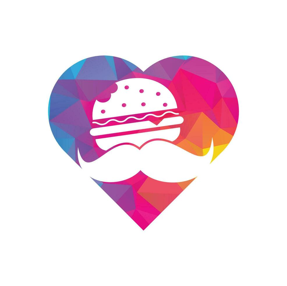 bigode hambúrguer coração forma conceito logotipo ícone vetor. hambúrguer com conceito de logotipo de ícone de bigode. vetor