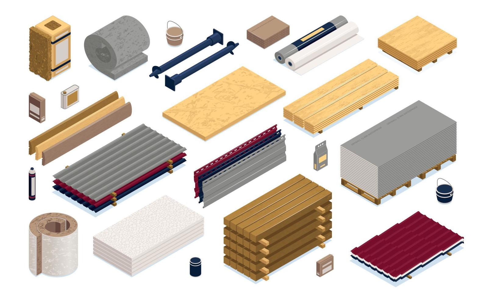 conjunto de ícones de cores de materiais de construção isométricos vetor