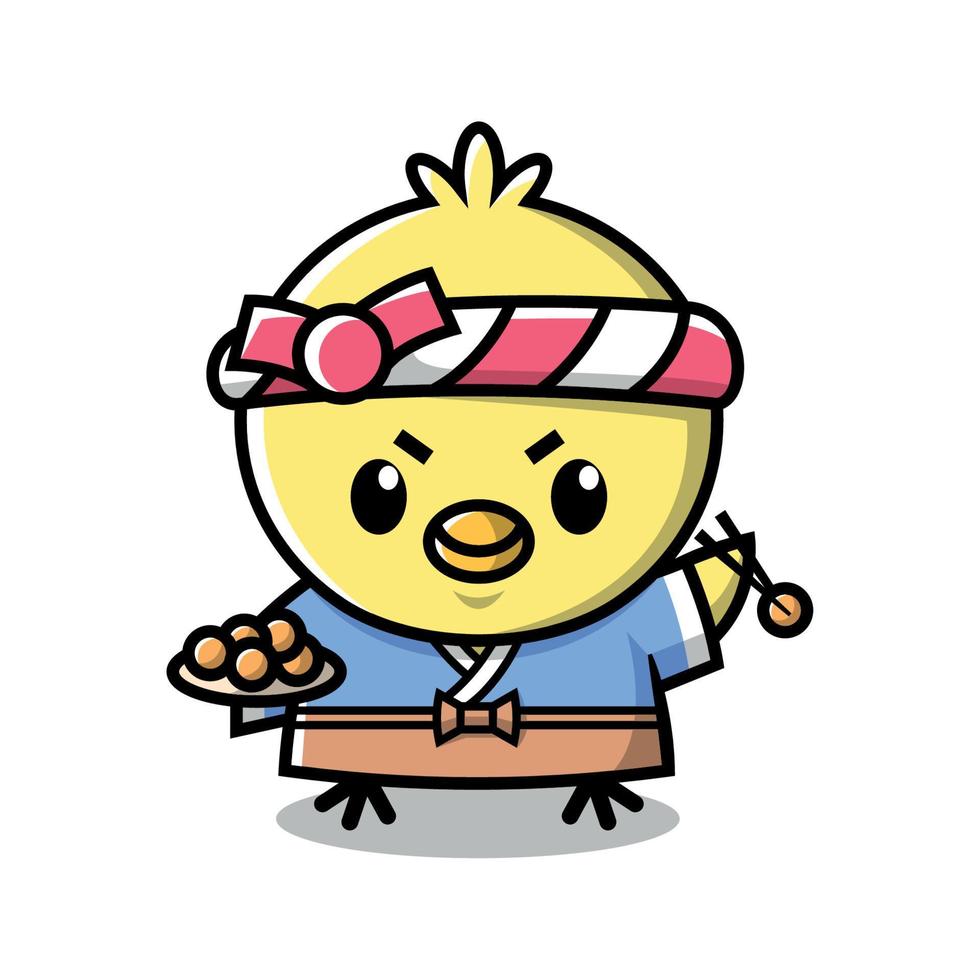 uma galinha amarela bonita está vestindo roupas de chef japonês e servindo bola de frango frito. design de mascote dos desenhos animados. vetor