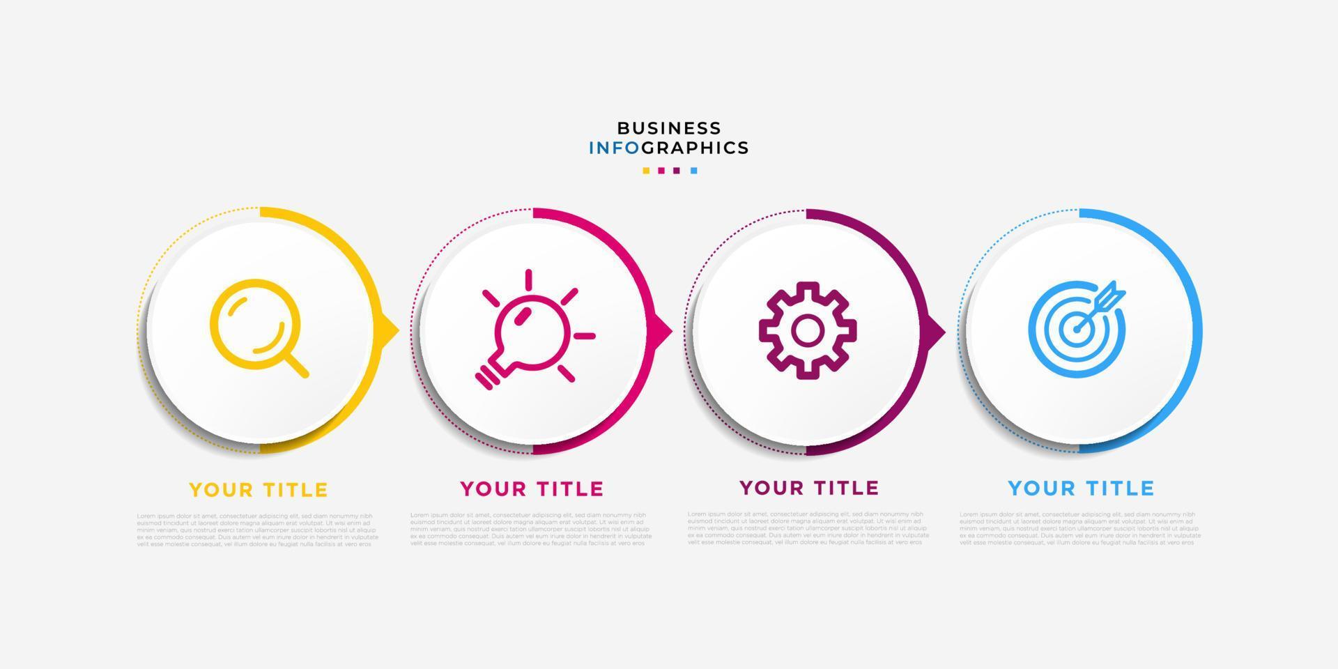 infográfico de negócios moderno com vetor de modelo de design de título com ícones e 4 opções ou etapas. pode ser usado para diagrama de processo, apresentações, layout de fluxo de trabalho, banner, fluxograma, gráfico de informações. eps10