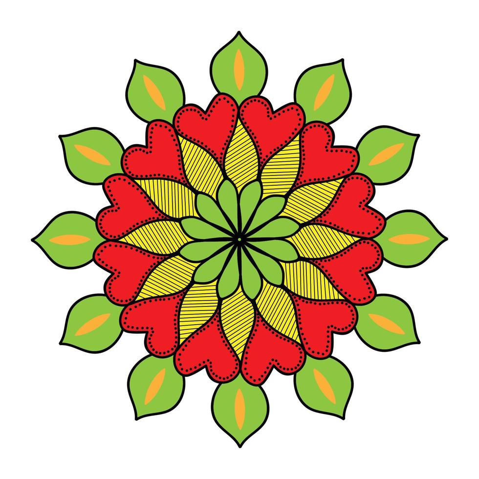 mandala de doodle desenhada de mão vetorial com corações. mandala étnica com ornamentos coloridos. cores brilhantes. vetor