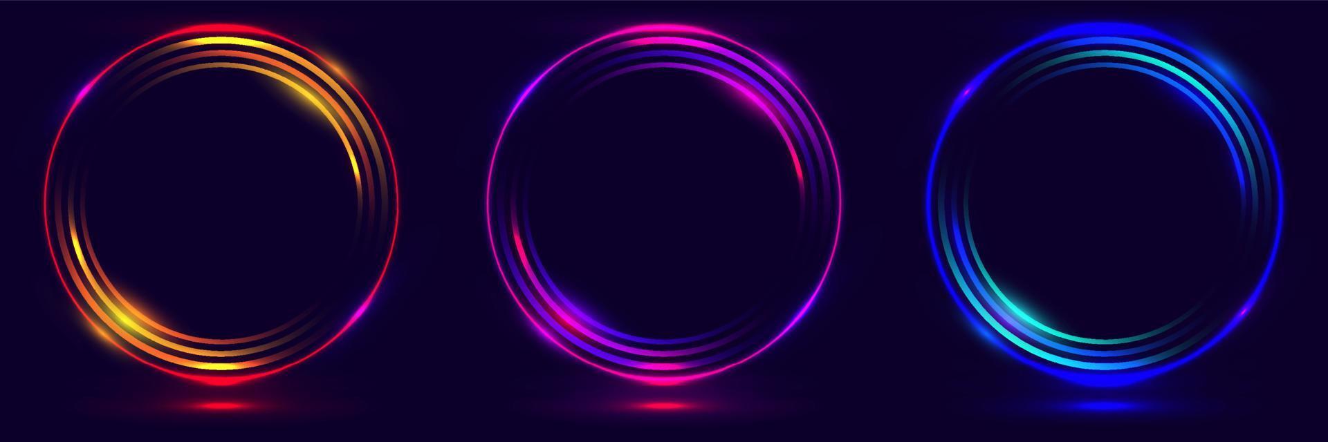 conjunto de círculos de cores neon brilhantes formas curvas redondas isoladas no conceito de tecnologia de fundo preto vetor