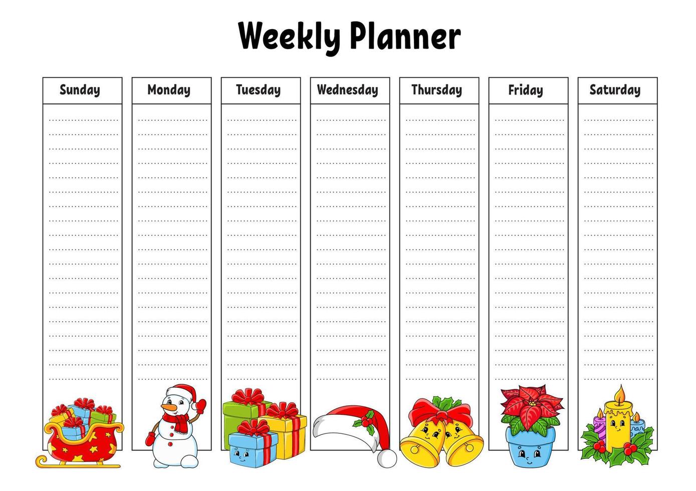 planejador semanal. modelo para impressão em branco colorido brilhante. tema de natal. ilustração vetorial. vetor